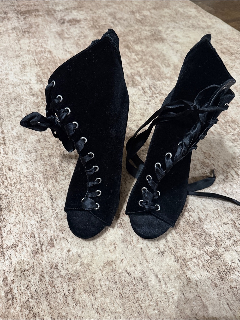 Fashion Nova Black Velvet Lace-Up Peep Toe Booties